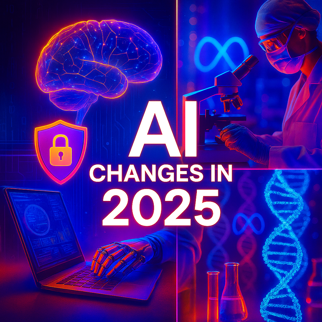 Futuristic digital collage titled 'AI Changes in 2025' featuring a glowing neural brain, robotic hand typing on a laptop, scientist using a microscope in a biotech lab, and DNA strands, all set in cool blue and silver tones with the Meta logo subtly in the background