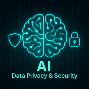 Futuristic digital illustration of AI and Data Privacy showing a glowing neural network brain with shield and padlock icons, symbolizing cybersecurity and data protection.