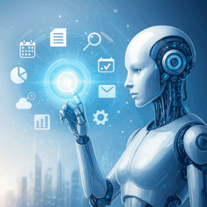 Futuristic AI agents interacting with a glowing digital interface displaying productivity icons, set against a tech-enhanced cityscape background
