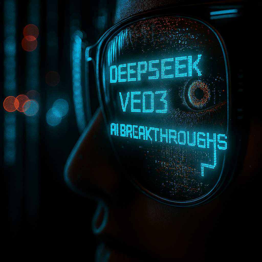 Close-up of a futuristic eyeglass lens reflecting glowing blue text including "DEEPSEEK," "VEO3," and "AI BREAKTHROUGHS," highlighting the concept of an AI breakthrough