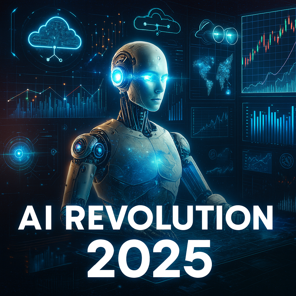 Humanoid robot with glowing blue features surrounded by holographic data, with text “AI Revolution 2025” on a dark tech background