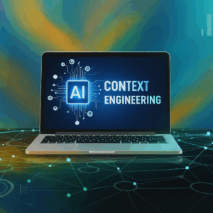 Context Engineering concept on laptop screen with AI chip and digital network background.