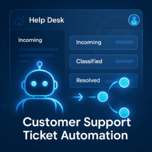 customer support ticket automation graphic with AI bot, help desk dashboard, and ticket flow
