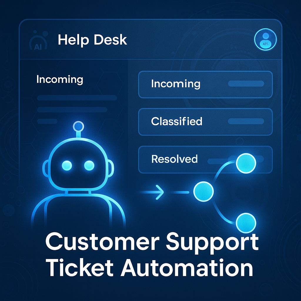 customer support ticket automation graphic with AI bot, help desk dashboard, and ticket flow