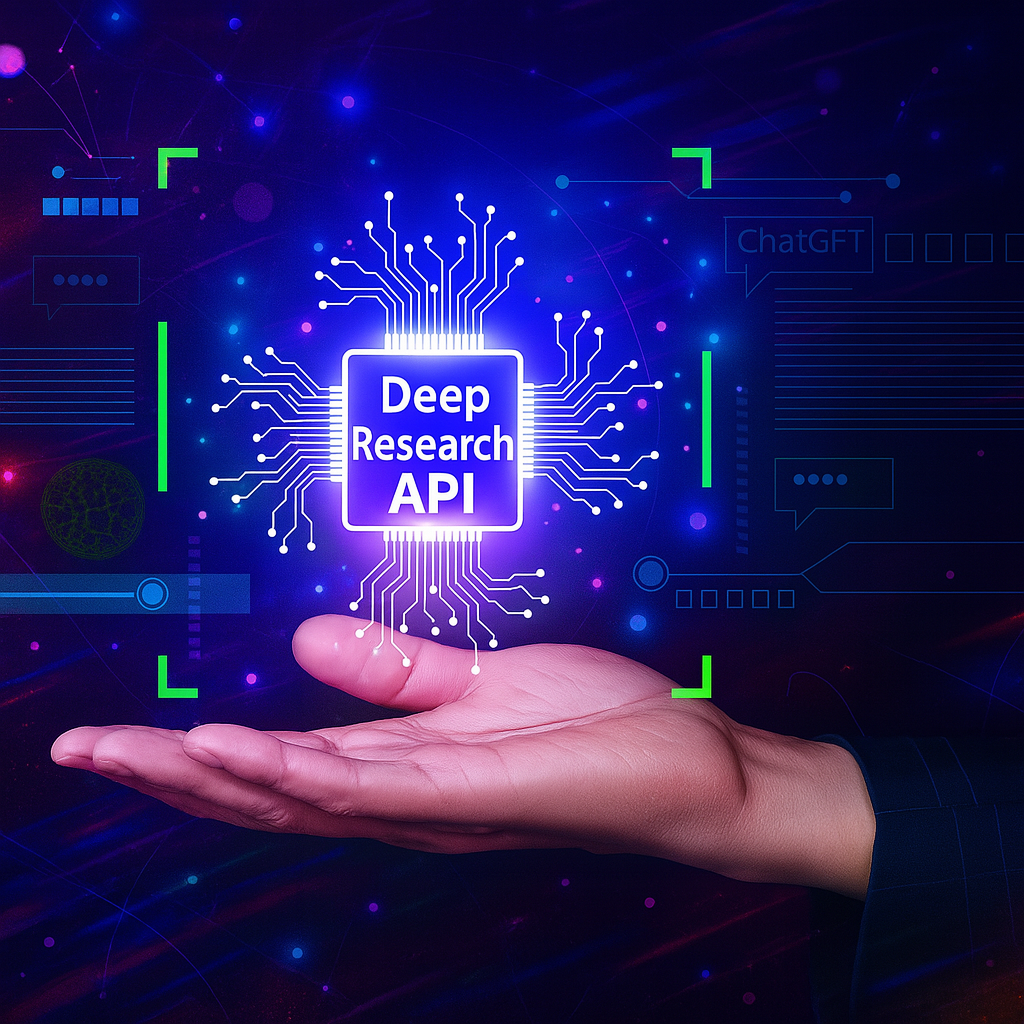 Hand holding a glowing microchip icon labeled “OpenAI Deep Research API” surrounded by vibrant abstract tech patterns and circuit lines on a dark futuristic background
