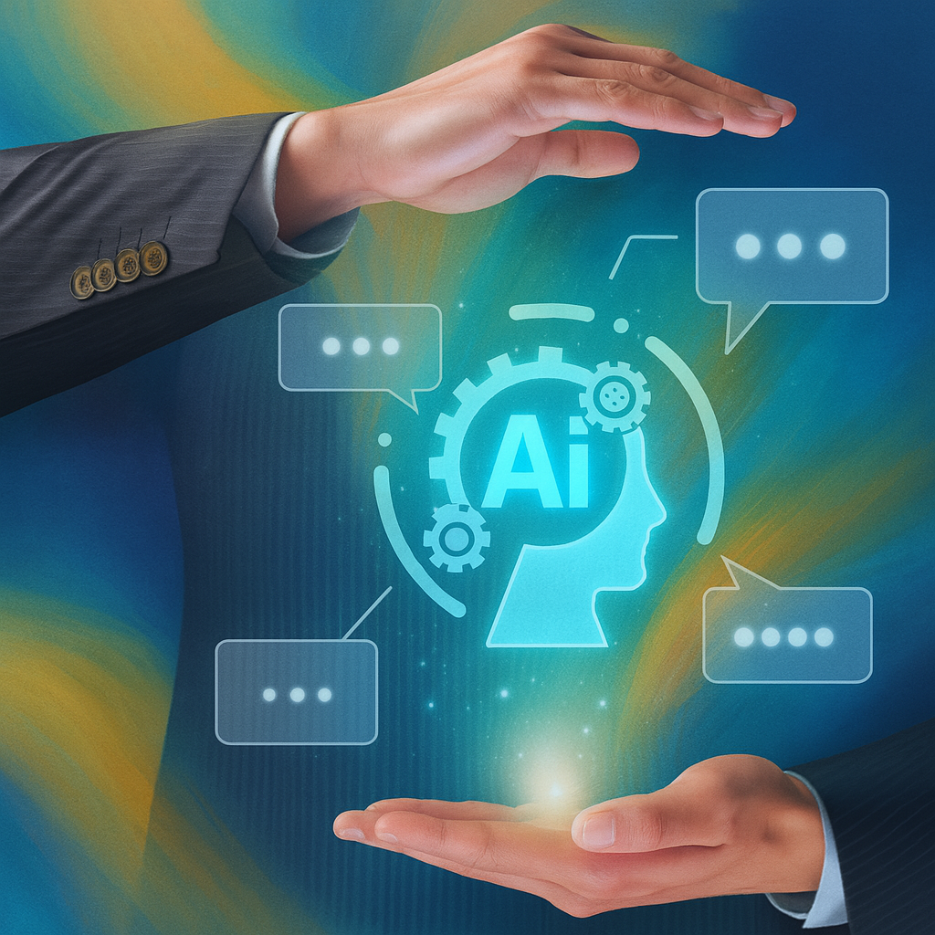 Custom AI concept image showing a businessman holding a glowing AI head icon with speech bubbles and abstract colors
