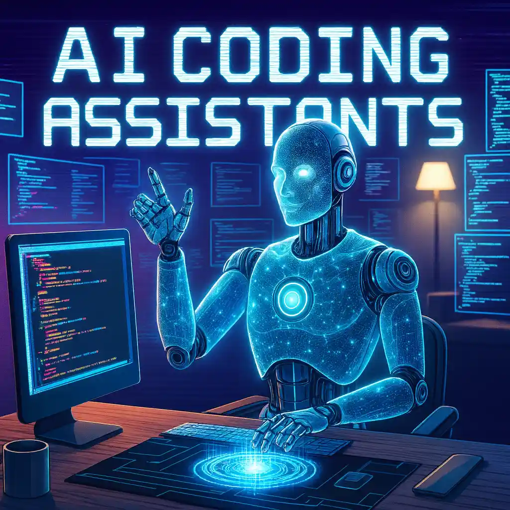 Futuristic digital illustration of AI coding assistants, featuring a glowing humanoid robot interacting with a holographic interface at a desk, surrounded by floating code snippets and neon blue lighting