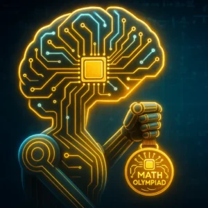 Futuristic AI brain made of glowing circuits holding a gold medal, symbolizing AI excellence in math competitions; concept of AI math gold