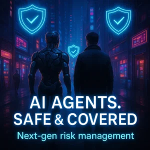 Cyberpunk city scene depicting AI safety trends with a humanoid AI agent and a human walking under glowing holographic shield icons, symbolizing next-gen AI risk management.