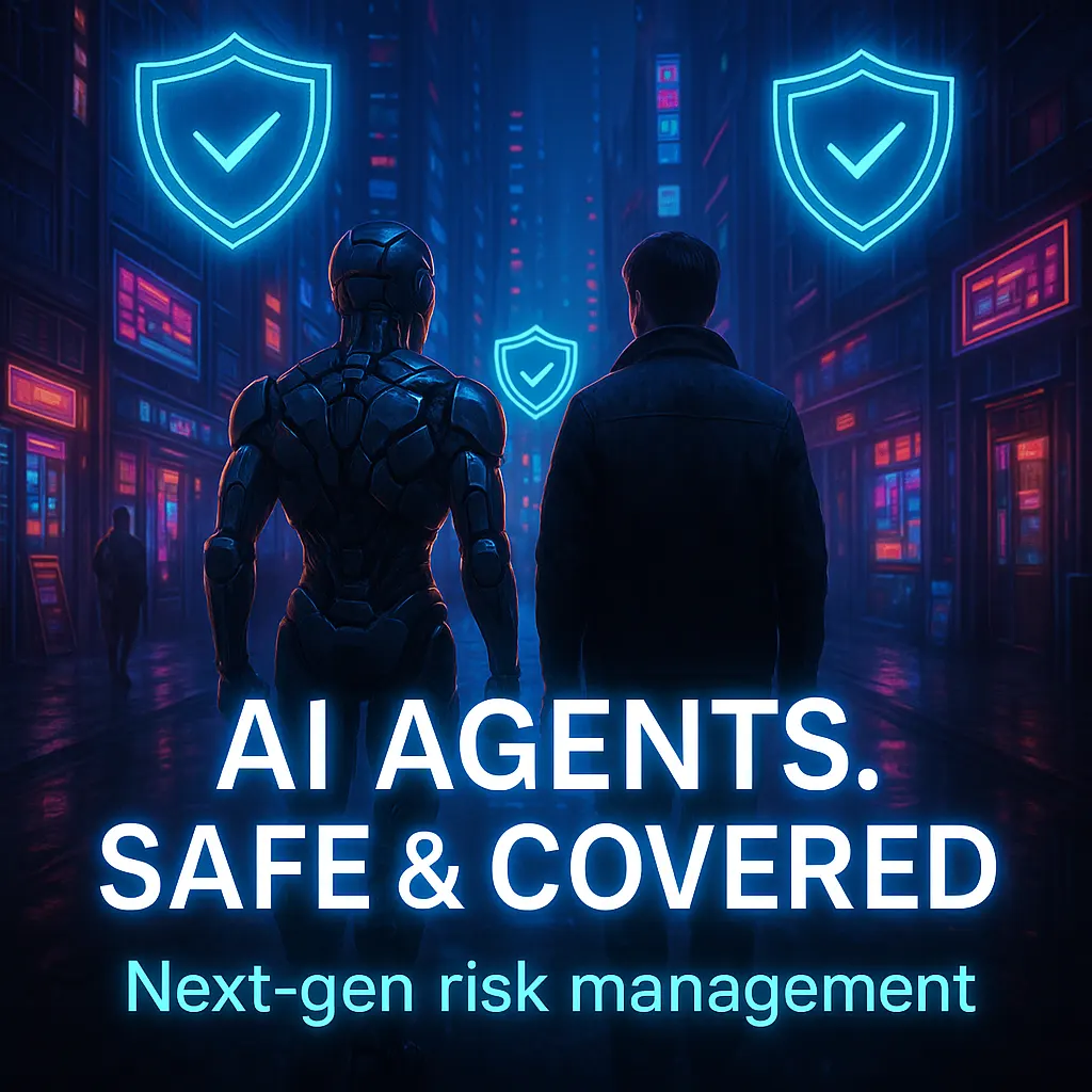 Cyberpunk city scene depicting AI safety trends with a humanoid AI agent and a human walking under glowing holographic shield icons, symbolizing next-gen AI risk management.
