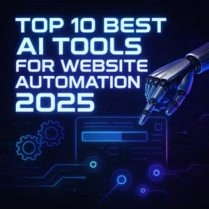 Futuristic thumbnail showcasing AI tools for website automation with glowing neon headline, robotic hand interacting with digital UI, gears, and circuit lines in a high-tech dark background.