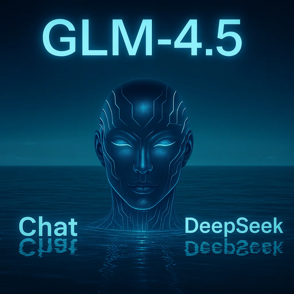 GLM-4.5 open source AI portrayed as a futuristic disruptor, with a glowing humanoid face emerging from a digital ocean, symbolizing its game-changing power over ChatGPT and DeepSeek, reflected in the water