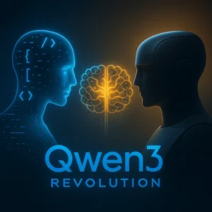 Futuristic illustration of two AI entities facing each other — a glowing blue open-source code figure on the left and a sleek black-box closed-source figure on the right, with a radiant gold brain between them symbolizing reasoning power, captioned “Qwen3 Revolution,” representing Open Source AI Reasoning Models.