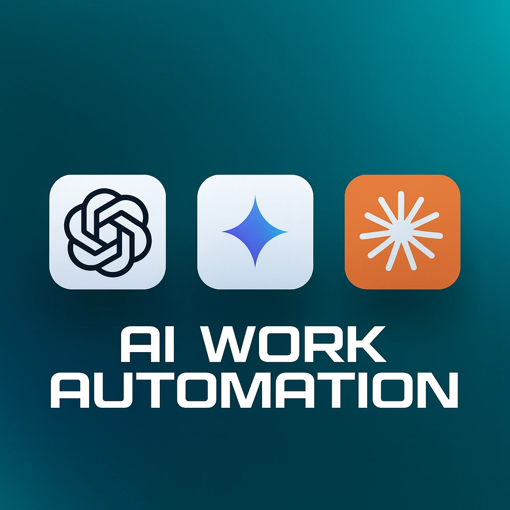 High-definition digital thumbnail featuring three modern AI assistant app icons — ChatGPT, Gemini, and Claude — on a sleek blue-teal gradient background with bold text reading ‘AI Work Automation,’ symbolizing cutting-edge AI work automation tools