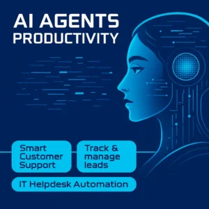 Futuristic digital illustration of AI agents productivity showing a glowing humanoid AI profile with circuit patterns, alongside bold text and blue data icons for smart customer support, lead management, and IT helpdesk automation