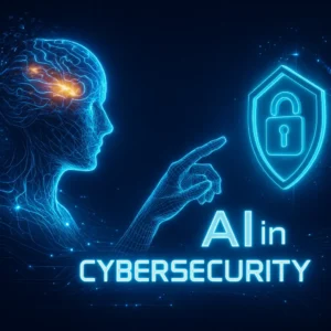 3D illustration of artificial intelligence in cybersecurity with a glowing AI figure, padlock shield, and neon data streams