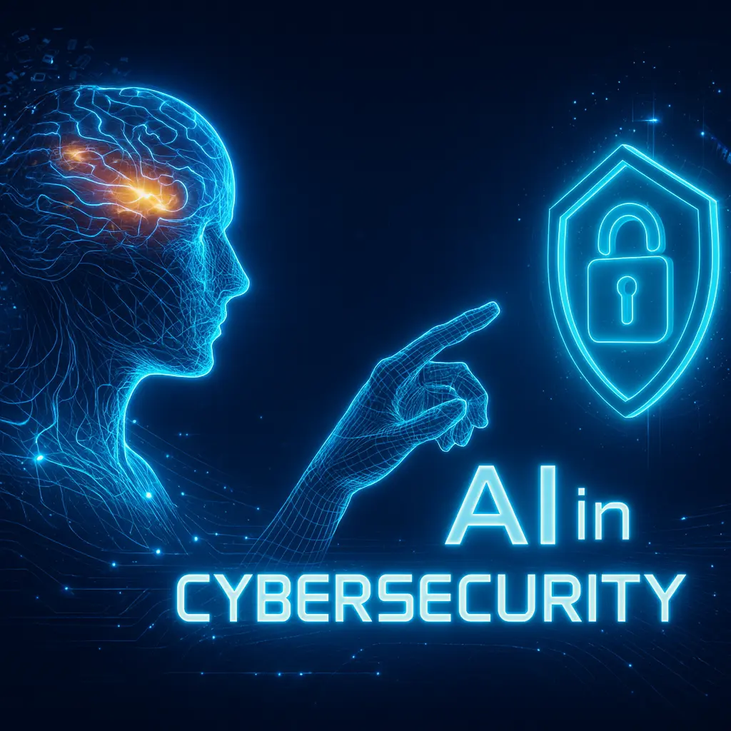 3D illustration of artificial intelligence in cybersecurity with a glowing AI figure, padlock shield, and neon data streams