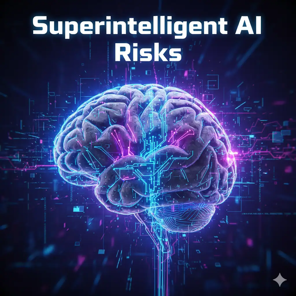 Superintelligent AI Risks illustration showing a glowing digital brain merging with an organic brain shape, futuristic neon blue and purple background