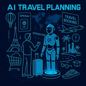 AI travel planning illustration showing a robot assistant helping a traveler with luggage, surrounded by icons of flights, hotels, and destinations
