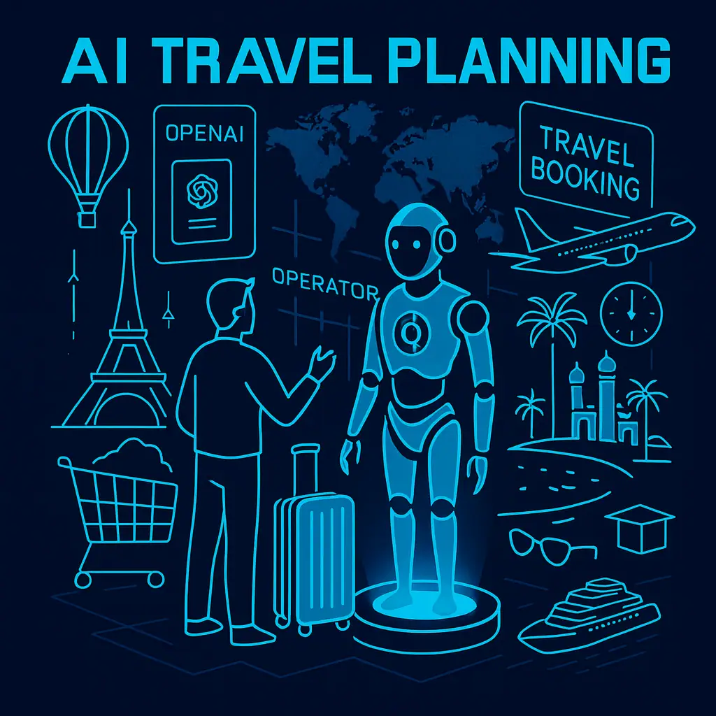 AI travel planning illustration showing a robot assistant helping a traveler with luggage, surrounded by icons of flights, hotels, and destinations