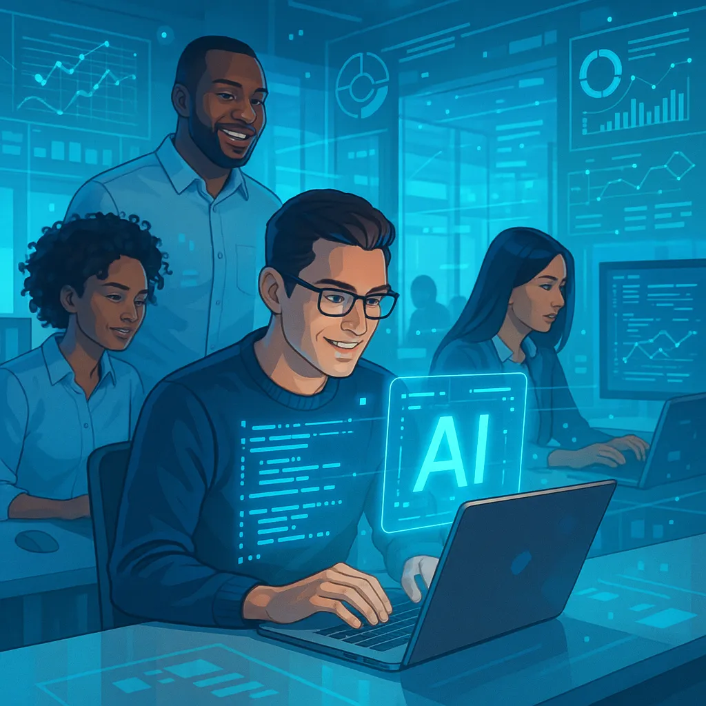 Digital illustration of diverse tech workers using AI tools in a modern office, highlighting AI use in tech jobs with glowing blue holograms and futuristic UI