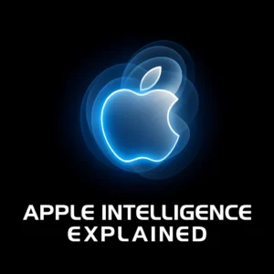 Glowing neon blue and silver Apple logo with layered light rings and bold text ‘Apple Intelligence Explained’ on a black background, visually emphasizing Apple Intelligence.