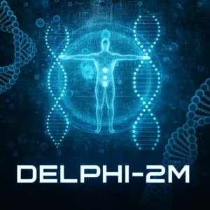 Illustration of Delphi-2M AI model predicting disease risk, showing human figure with medical icons and data streams representing health forecasting