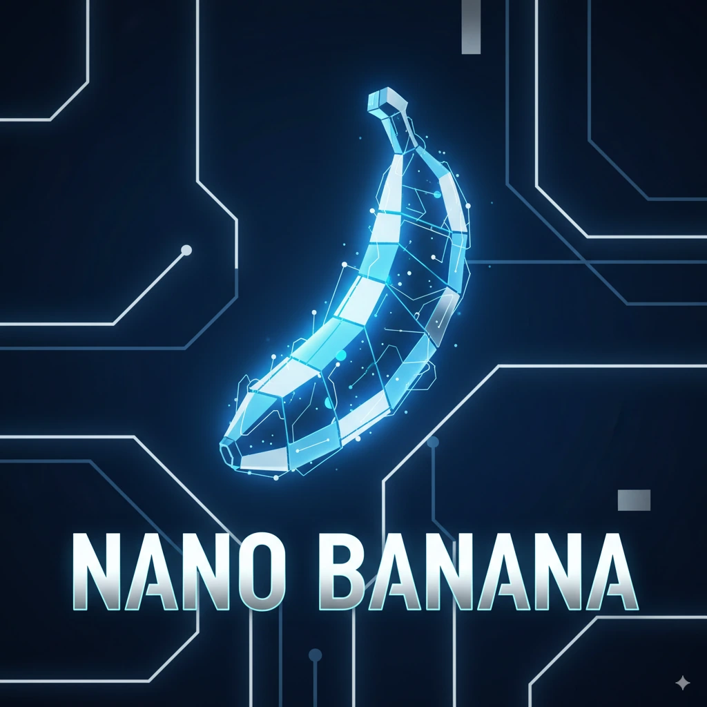 A tech-themed "Nano Banana" blog thumbnail with a glowing blue wireframe banana over circuit patterns and the title in bold, silver futuristic text.