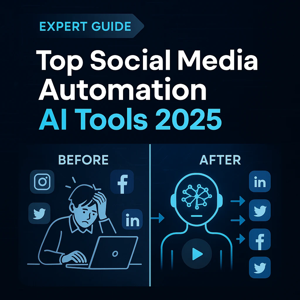 Before-and-after graphic showing how to automate social media using AI, with a stressed user vs. an organized AI managing platforms like Instagram, Facebook, and LinkedIn.