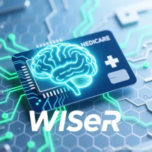 AI Medicare coverage concept showing WISeR with digital brain and Medicare card