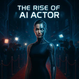 A futuristic digital illustration of an AI actor on a red carpet, with half-human, half-robotic features, surrounded by cameras and glowing neon lights