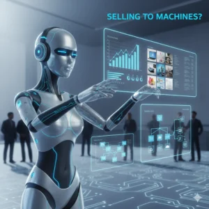Humanoid AI agents interacting with floating digital screens, symbolizing how AI agents are replacing human customers in commerce.