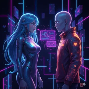 Male and female AI Companions interacting in a glowing virtual chat