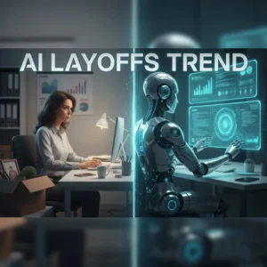 Split-screen image showing AI layoffs: a stressed office worker with a box of belongings on one side, and an efficient AI robot working at multiple monitors on the other
