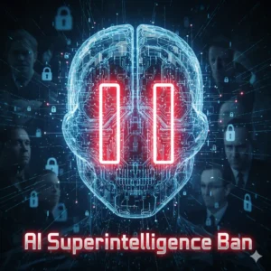 Digital illustration of AI superintelligence ban symbolized by a glowing red pause icon over a futuristic brain with tech elements and ethical tension