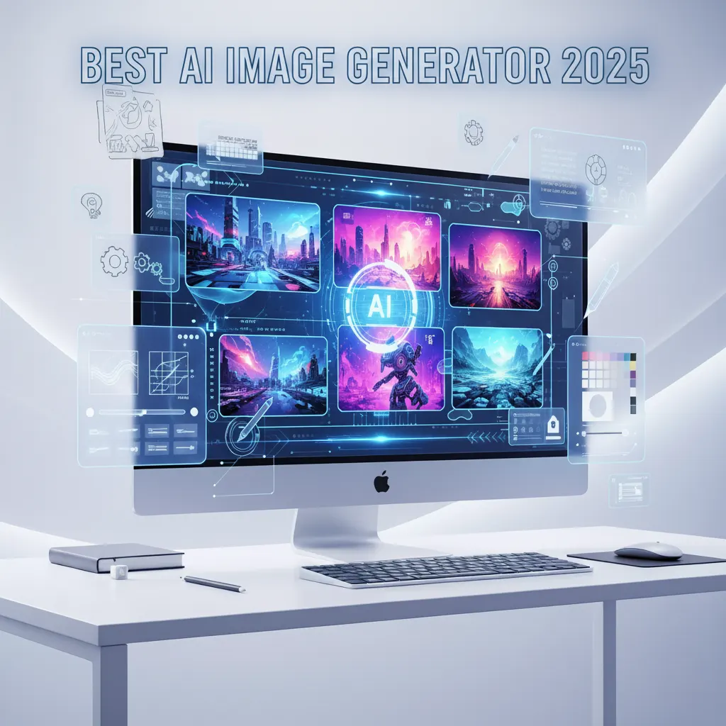 A digital illustration of a futuristic BEST AI IMAGE GENERATOR 2025 interface on a computer screen, highlighting the high-quality, colorful images and modern tech aesthetic.