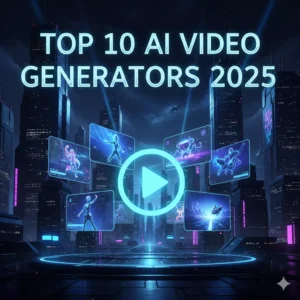 A futuristic digital interface blog thumbnail featuring a glowing play button, floating video screens, AI-generated characters in motion, and the bold text "Top 10 Best AI VIDEO GENERATORS 2025"