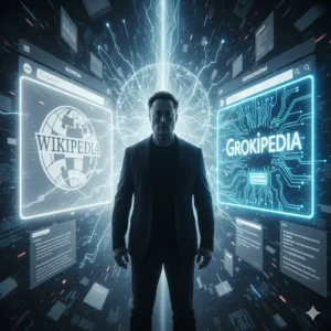 Silhouette of Elon Musk between Wikipedia and Grokipedia interfaces, symbolizing Grokipedia's rise as a futuristic knowledge platform