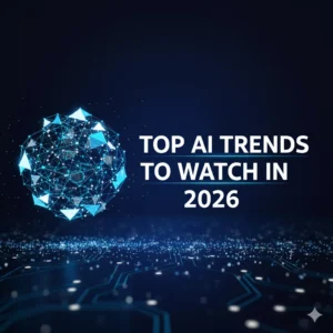 Futuristic blog thumbnail showing a robot head and digital circuit background with bold text "Top AI Trends to Watch in 2026" representing key AI trends 2026