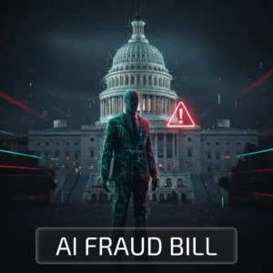 Glitch-style digital illustration showing a faceless figure in a circuit-patterned suit standing before the U.S. Capitol, with a glowing red warning icon and the words 'AI Fraud Bill' in bold blue text