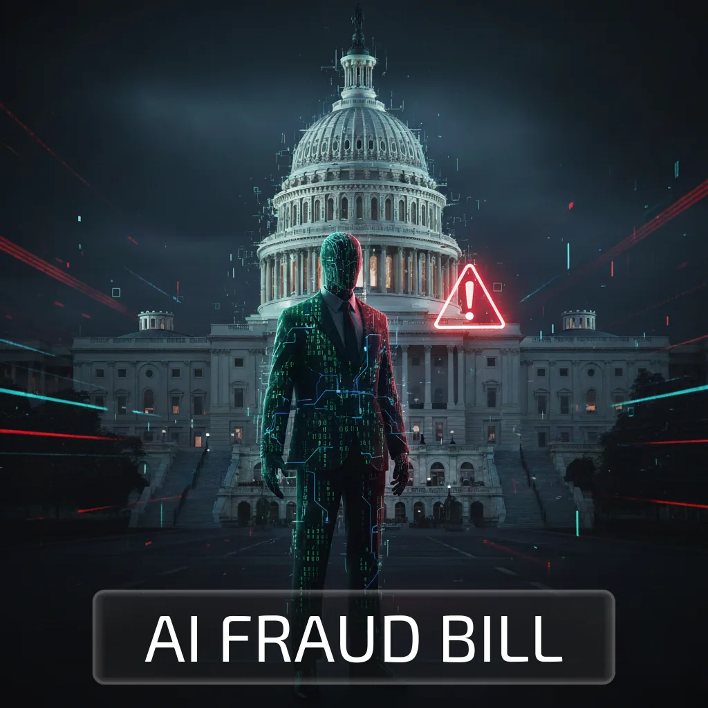 Glitch-style digital illustration showing a faceless figure in a circuit-patterned suit standing before the U.S. Capitol, with a glowing red warning icon and the words 'AI Fraud Bill' in bold blue text