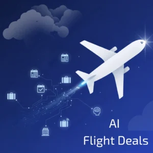 Illustration of a white airplane flying through a digital night sky with icons for luggage, calendars, and hotels connected by circuits, symbolizing AI travel planning and automated flight deals