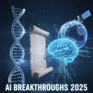 Futuristic illustration showing AI breakthroughs in science, including a glowing DNA strand, holographic brain, satellite, and reconstructed ancient scroll