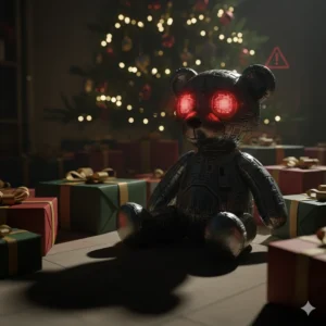 AI toy with glowing red eyes sits among holiday gifts, symbolizing privacy and safety concerns with AI toys for kids
