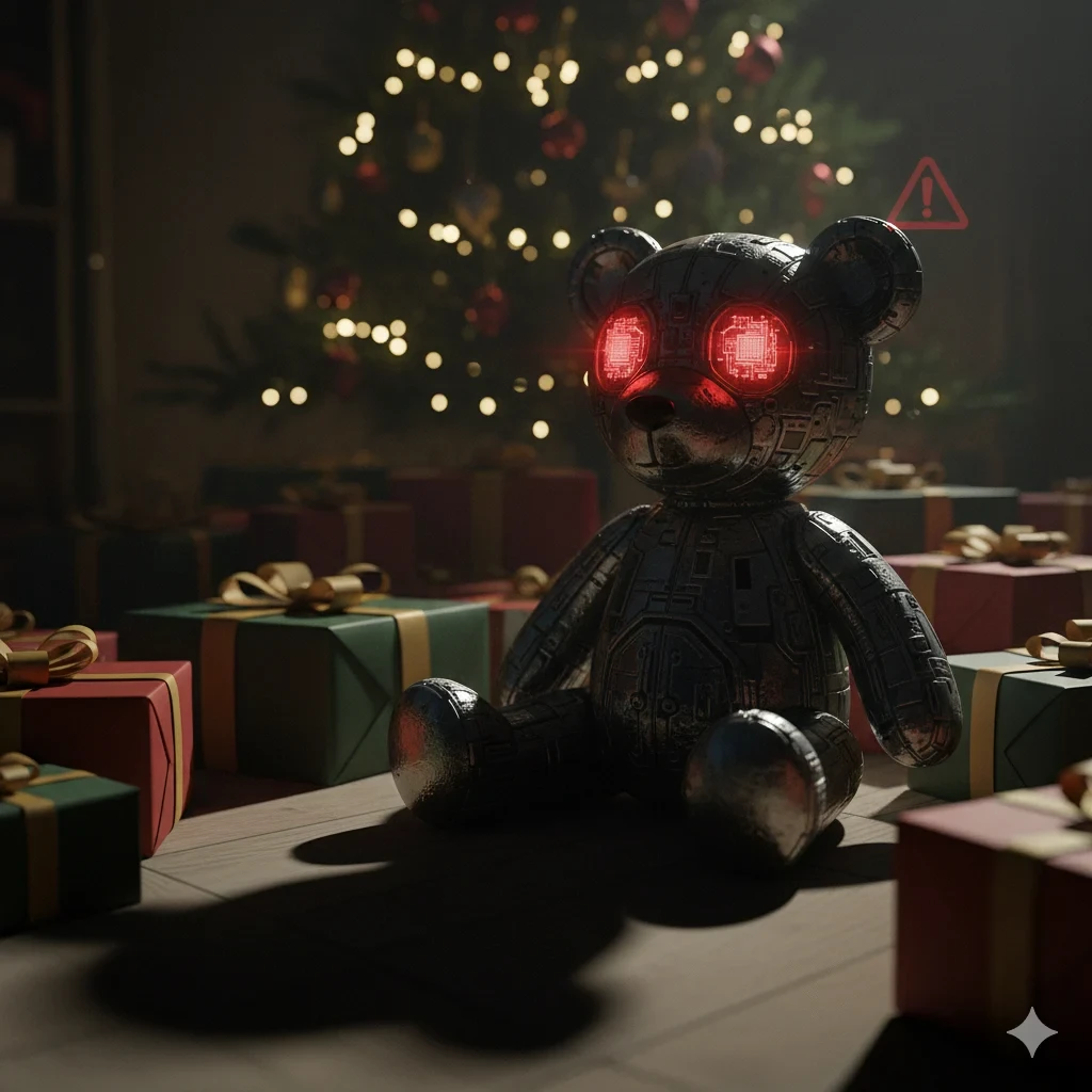 AI toy with glowing red eyes sits among holiday gifts, symbolizing privacy and safety concerns with AI toys for kids