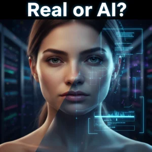 Split-screen of a real vs AI-generated face with the caption "Real or AI?", illustrating how to spot an AI video.
