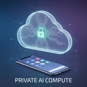 Illustration of a smartphone connected to a private AI cloud, featuring a glowing cloud icon with circuit lines and a padlock symbol, representing secure AI data processing.