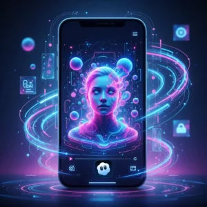 Smartphone showing Sora app interface for AI video creation with animated face in a digital landscape