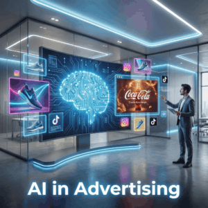 AI in advertising thumbnail showing a glowing digital brain on a futuristic screen, surrounded by holographic ads and a marketer working on creative content in a high-tech agency setting