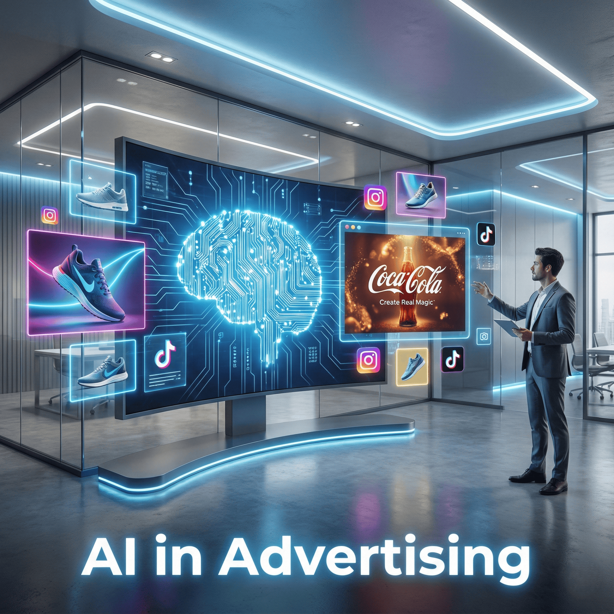 AI in advertising thumbnail showing a glowing digital brain on a futuristic screen, surrounded by holographic ads and a marketer working on creative content in a high-tech agency setting